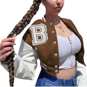 Cropped Varsity Jacket Print Casual Button Down Baseball Bomber